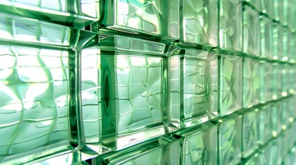 Canvas Print - Green glass blocks background, texture of square bathroom wall tiles with reflection and light effect. Glass block mosaic for interior decoration in home or office space