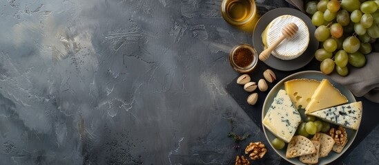 Poster - Flat lay arrangement of a cheese plate with honey grapes and nuts on a grey table providing ample space for text in the image