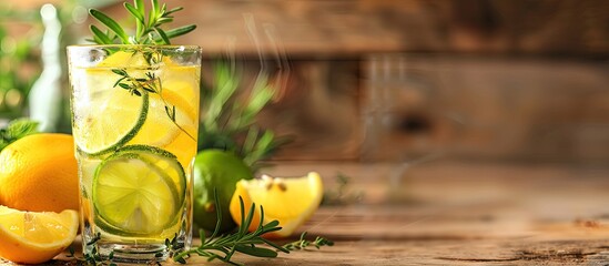 Poster - Close up image with copy space featuring a homemade healthy alcohol free lemonade made with lemons lime and tarragon set against a wooden background