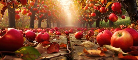 Poster - A scenic autumn orchard setting displaying fully grown red apples on the trees with leaves surrounding them ideal for a copy space image