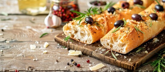 Wall Mural - Delicious Italian ciabatta bread with olives garlic parmesan and rosemary set on a textured wooden background perfect for an appetizer with space for text in the image Enjoy this culinary delight