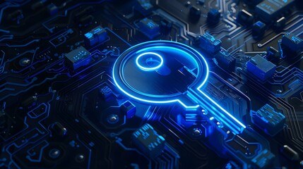 Glowing blue digital key on a circuit board background symbolizing secure access technology. 3D Rendering