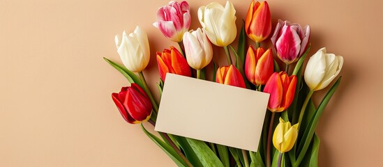 Canvas Print - Top view of a stunning bouquet of colorful tulips with a blank card on a beige background perfect for a birthday celebration Includes copy space image