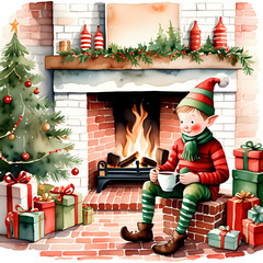 Wall Mural - christmas tree and gifts with elf