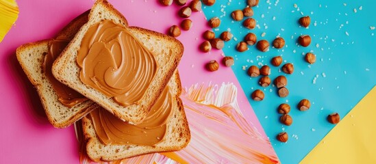 Canvas Print - Close up image of delicious toast with hazelnut butter on a colorful background with copy space image