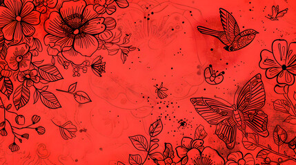 Wall Mural - Lunar New Year Banner Simple Black Line Sketch on Rich Red Background.