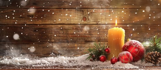 Sticker - Christmas decorations and a burning candle set against a snowy wooden backdrop with ample copy space image