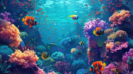 Wall Mural - Serene underwater scene with exotic fishes and vibrant coral