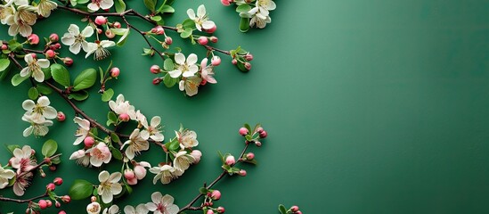 Canvas Print - Minimal nature background with a creative layout featuring spring flowers of a fruit tree on a green backdrop emphasizes the spring concept ideal for a flat lay with a paper card for copy space image