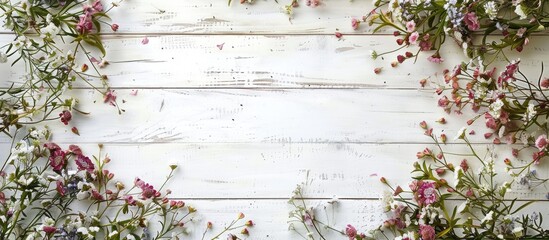 Sticker - Rustic white wooden background adorned with a frame of untamed flowers perfect for showcasing a copy space image