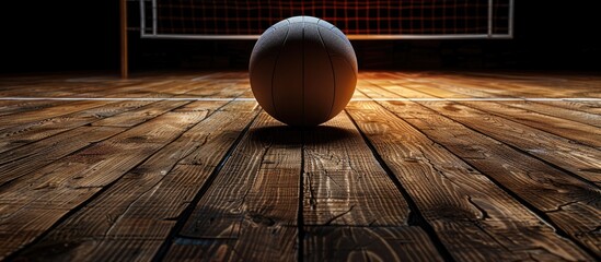 Wall Mural - Isolated on a black background a volleyball court with a wooden floor and a ball provides ample copy space for text or images