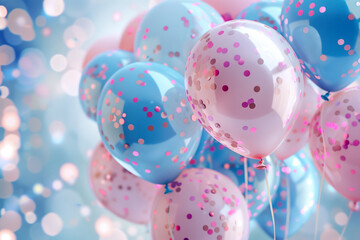 Colorful festive balloons with confetti and bokeh lights