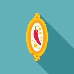 Poster - Yellow oval dish presenting red chili pepper with white sauce and spices, for a spicy appetizer