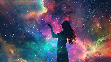 Canvas Print - a silhouette of a meta human goddess spirit set against a vibrant galaxy space background for a new 