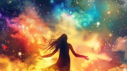 Canvas Print - new quality illustration of a meta human goddess spirit silhouette on a galaxy space background for 