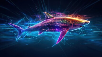 A futuristic shark with metallic scales, swimming in a neon ocean style