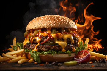 Wall Mural - Tasty burger with fries, fresh lettuce, and tomatoes on dark background board