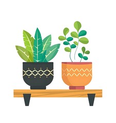 Flat vector illustration of two plants in pots on a shelf, with a simple and minimalistic design on a white background