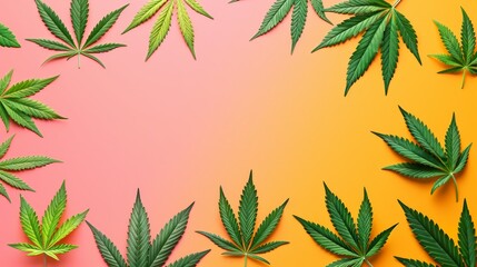 Sticker - Green Cannabis Leaves on Pink and Orange Gradient Background.