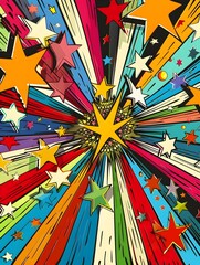 Wall Mural - Dynamic pop art backdrop bursting with vivid colors, created using, Cartoon design colored standing banners,colorful starbursts and pattern