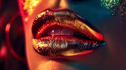 Wall Mural - a woman with bright makeup and glitter on her lips