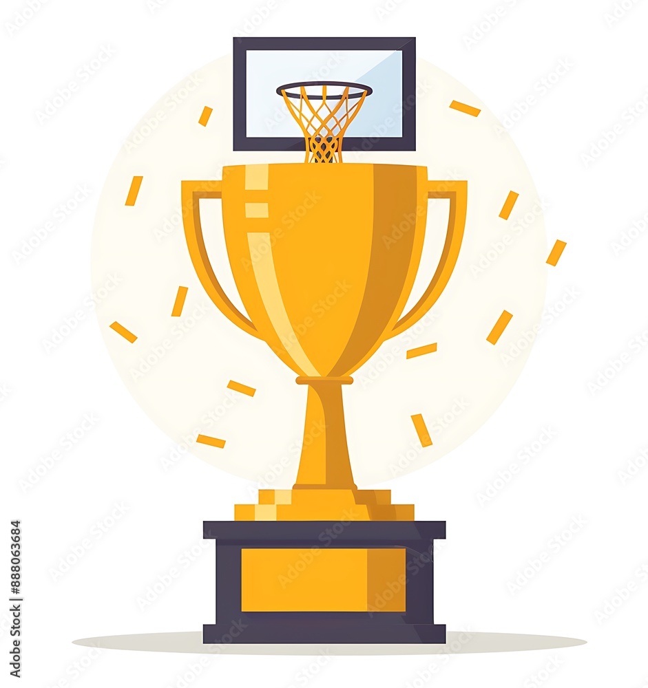flat vector illustration of golden trophy cup with basketball hoop on ...