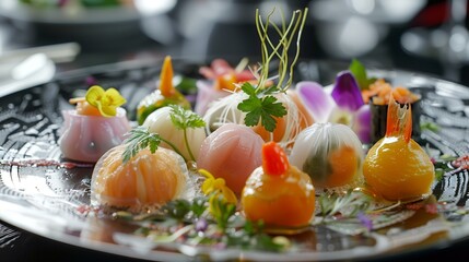 a plate of elegantly arranged dim sum with colorful dumplings and artistic presentation