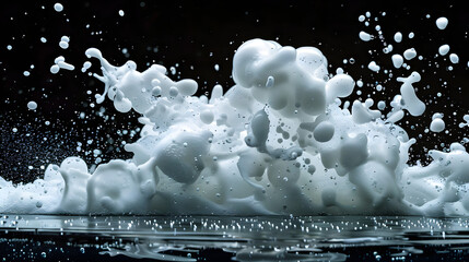 White foam bubble soap shampoo splash explosion in the air on black background,freeze stop motion photo object design