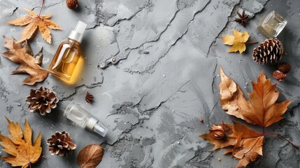 Poster - Cosmetics with oil and leaves on gray background for autumn skin care