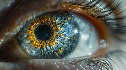 Mesmerizing Human Iris Close-Up with Photographer's Reflection - Detailed Patterns and Color Variations in Eye, Professionally Shot DSLR Photography with Shallow Depth of Field.