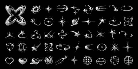 Wall Mural - 3d chrome elements set with star, heart, spark, and other y2k shapes. silver metallic shine with ret