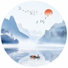 Round Chinese style art illustration, lotus, landscape painting, for wall decoration mural background and design