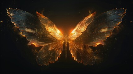 Wall Mural - Radiant fairy wings bathed in a warm golden glow, glowing softly against the black backdrop, emanating a sense of warmth and comfort.