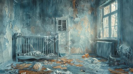 Abandoned old nursery room with an aged crib, spiderwebs and forgotten toys. Concept of decay, neglect, eerie atmosphere, childhood memories, haunted house, scary room, Halloween