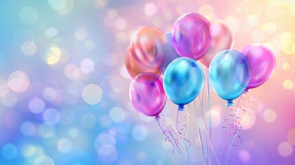 Poster - Colorful realistic mat helium balloons floating on a blurred colored background. Perfect for birthday banners, party signs, or promotional posters.