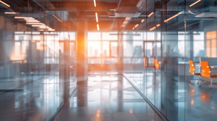 Sticker - Grey office interior with panoramic windows, glass partitions, and orange accents against a blurred background.