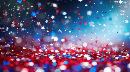 Wall Mural - Red, white, and blue glitter sparkles creating an abstract and festive background for election and Labor Day themes.