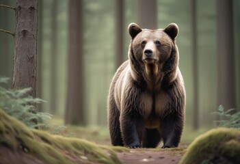 Wall Mural - A bear stood in a forest looking at the camera, shallow depth of field