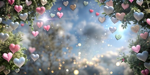 Wall Mural - A beautiful image of a forest with a sky full of hearts