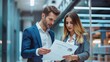 © Антон Сальников - Young business professionals reading a financial report together in a modern finance company. Two business people engaged in a discussion.