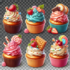 Collection set, selection of vibrant cupcakes isolated on a clear backdrop, pastries and sweets from bakeries, dessert or snack in the form of cookies with sugar and cream, png file