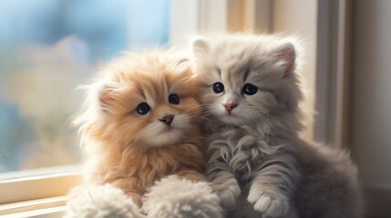 Two adorable fluffy kittens cuddled up together by a window.