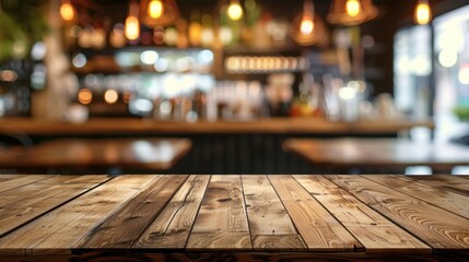 Canvas Print - Decorative wood board background with an empty table. Abstract blurry background with a cafe.