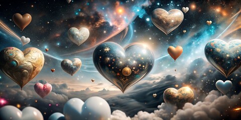 Wall Mural - A painting of many hearts floating in space