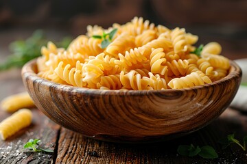 Poster - A wooden bowl filled with pasta on top of a wooden table