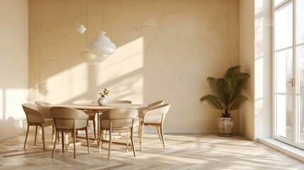 Wall Mural - Stylish apartment interior design with dining table and chairs, empty living room with beige wall.