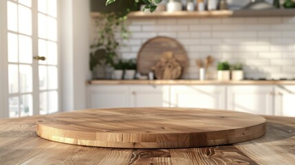 Sticker - An empty beautiful round wood tabletop counter in a clean and bright kitchen background, ready for display, banner, for product montage