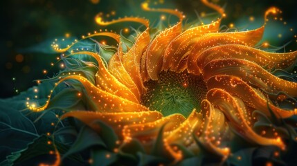 A stunning macro image of a freshly bloomed sunflower, capturing its golden petals and distinctive spiral pattern up close.