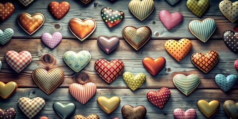 Wall Mural - A collection of colorful hearts are arranged on a wooden surface