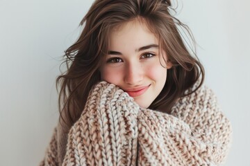 A teenage girl with tousled brown hair and a warm smile, wearing a cozy oversized knit sweater in a soft pastel shade.